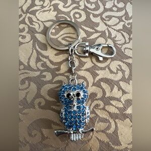 Sparkling Keychain Ring Purse Charm Blue Owl Bird Crystals Rhinestone